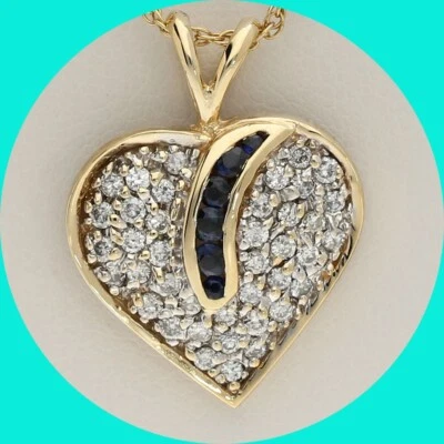 Diamond Sapphire Encrusted Heart Pendant Necklace 1.17CT 14K YG 17” Chain - Image 1 of 4