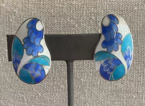 Orecchini clip donna smalto guilloché blu bianco tono argento vintage floreale - Foto 1 di 4