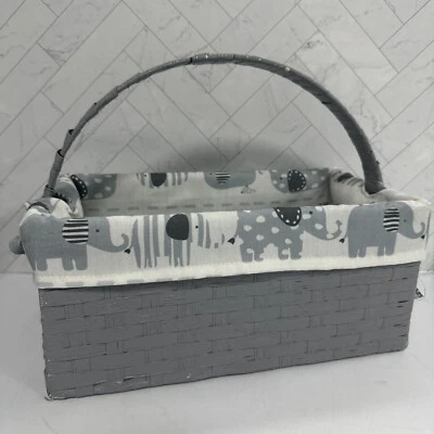 Multi Elephant Print Gray White Woven Basket Handle Storage Organize Nursery - Image 1 of 4