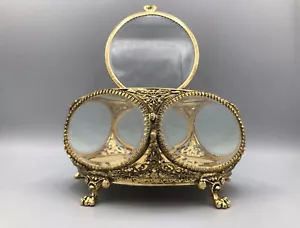 Cofre redondo de filigrana vintage Ormolu joyería caja de baratijas vidrio biselado - Imagen 1 de 12