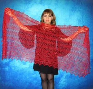 Warm red scarf, Russian shawl, Orenburg stole, Goat wool wrap, Lace bridal cape - Picture 1 of 7