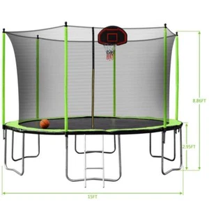 15FT Trampoline with Basketball Hoop Inflator and Ladder(Inner Safety Enclosure) - Picture 1 of 9