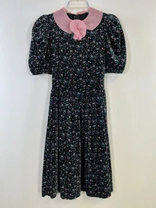VTG Girls Florence Eiseman Blue Micro Floral Velvet Dress Size 14 - Picture 1 of 16