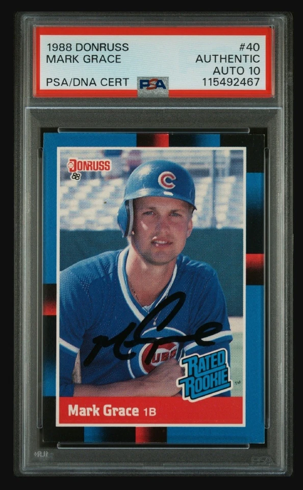 Tarjeta de novato firmada por Mark Grace Donruss #40 1988 autógrafo radiocontrol automático PSA 10 Cubs Foto 1 de 4