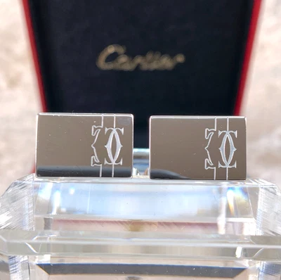 Gemelos Cartier Plata de Ley 925 Líneas Rectangulares y Logo con Estuche Foto 1 de 4