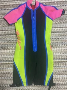 Vintage Retro Bare Short Wetsuit Size Medium Blue Yellow Pink - Picture 1 of 5