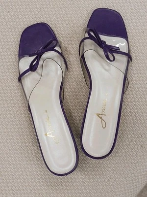 Vintage Annie Clear Slide Purple Bow Tie With 2" Lucite Striped Heel Size 8M - image 1 of 4