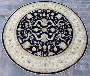 6x6 Black Beige Afghan Oriental Round Area Rug Floral Hand Knotted Ziegler Rug - Picture 1 of 10