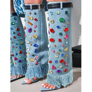 Fashion Women's Knee High Boots Buckle High Heel Colorful Rhinestone Denim Boots - Picture 1 of 26
