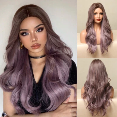 Body Perucas Onda Longa Ombré Cinza Roxo Moda Cosplay Encaracolado Feminino Festa Diária EUA - Imagem 1 de 4