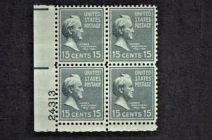 1938 U.S. PRESIDENTIAL SERIES 15c Bl Gray Buchanan Plt#BLK of 4 Sc#820 M/NH/OG^ - Picture 1 of 1