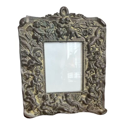 ANTIGUO ARTE BRONCE METAL QUERUBÍN MARCO DE IMAGEN ADORNADO MARCO DE ÁNGEL MESA Foto 1 de 4