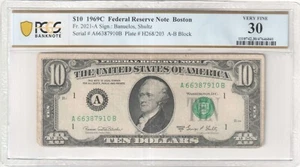 10 dollar bill, 1969-C, Cut Off Center - Picture 1 of 2