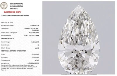 1.40 CT Pear Lab Grown Diamond for Engagement Ring IGI Certified G VVS2 - Image 1 of 4