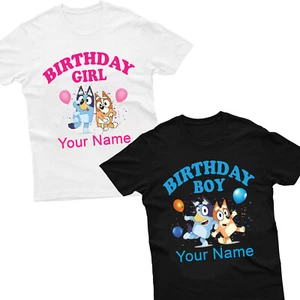Personalised Birthday T Shirt Boys Girls Blue Dog Childern Cartoon Gift Top Tee - Picture 1 of 3