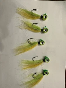 Moon Tail Walleye Bucktail Hair Jig 5 Per Pack 3/8 Oz. Green and Yellow W/ Flash - Picture 1 of 2