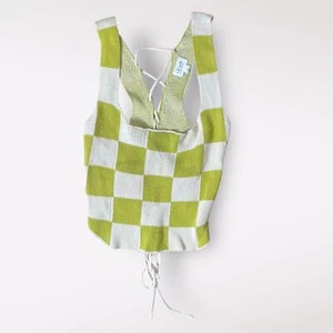 Lelis Green and Cream Boho Checkered Crochet Lace up back Tank top Size L - Picture 1 of 8