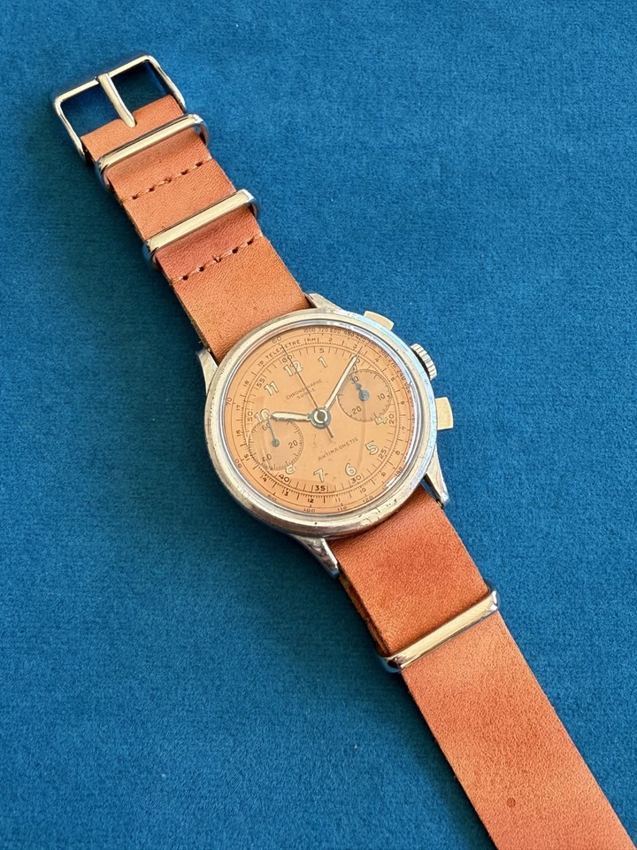 Chronographe Suisse Vintage Utilitarian Wrist Watch Very Unique Coral Dial Color - Image 1 of 4