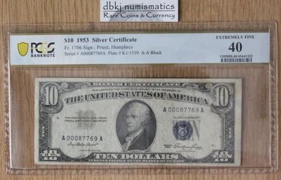 1953 - $10 Silver Certificate Blue Seal Fr 1706 - PCGS - XF 40 Light Stains - Image 1 of 2