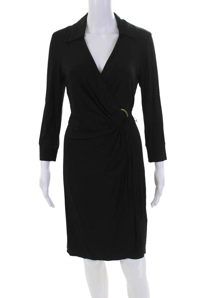 Mini vestido envolvente negro Trina Turk para mujer manga 3/4 cuello en V talla 6 Foto 1 de 4