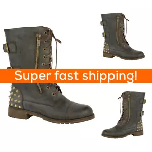 Brown Lace Up Women Ladies Mid Calf Combat Boots 5.5, 6, 6.5, 7, 8 Size - NEW - Picture 1 of 4