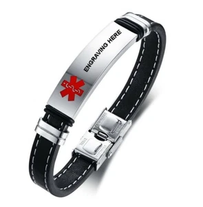 Pulsera de identificación médica de cuero caduceo cosido grabable de acero inoxidable 11 mm 8 - Imagen 1 de 3