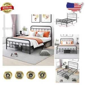 Sturdy Metal Full Size Bed Frame with Elegant Vintage Headboard - Easy Assembly - Picture 1 of 9