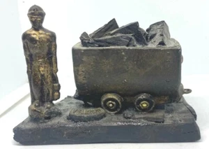 Vintage souvenir Miner Statue  Brass Charcoal Cart Wooden Base VELENJE 3"X4.5"  - Picture 1 of 11