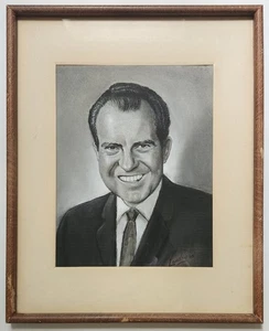 OOAK Richard Nixon Hand Drawn Portrait Signed Landry '69 Framed 16.5" X 20.5" - Picture 1 of 5