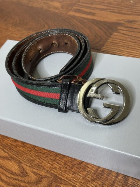 100% Authentic GG Silver Buckle Gucci Black leather belt Green/Red/Green