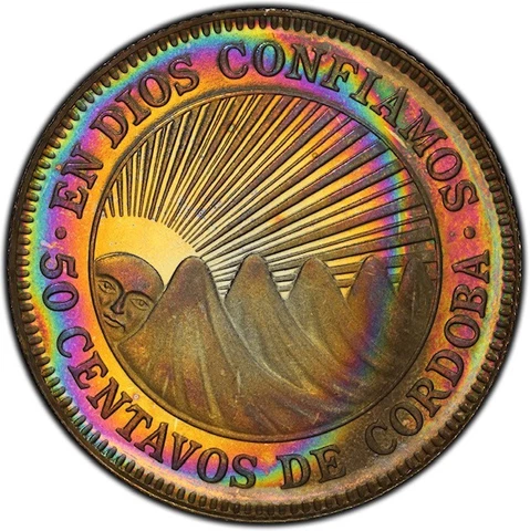 PR66DCAM 1972 Nicaragua 50 Centavos Proof, PCGS- Electric Vivid Rainbow Toned Cover