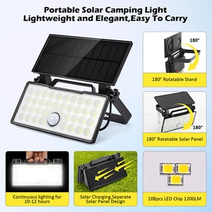 Solar Motion Sensor Light Outdoor Rechargeable Portable Folding For Camping Yard - Picture 1 of 19