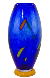 Johansfors Blue Hand Blown Spatter Vase 11.25" Signed - Picture 1 of 4
