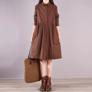 Vestido camisero midi informal con cuello de solapa mangas largas de un solo pecho línea A para mujer - Imagen 1 de 12