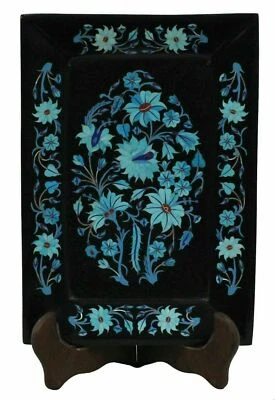 Bandeja de mármol negro de 10" x 7" con incrustaciones de piedras semipreciosas hecha a mano decoración del hogar Foto 1 de 2