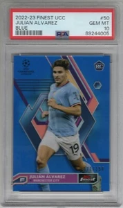 2022-23 TOPPS FINEST UCC RC BLUE REFRACTOR JULIAN ALVAREZ /150 PSA 10 MAN CITY - Picture 1 of 2