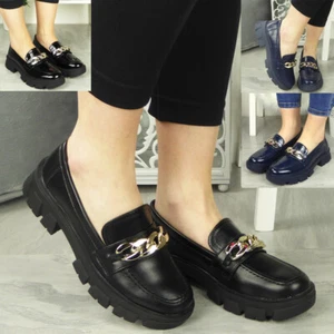 Zapatos Mocasines Tacón Grueso Cómodos Sin Cordones Cadena de Trabajo Oficina Escuela Mujeres Tallas - Imagen 1 de 44