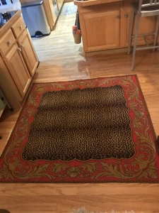 Vintage French Woven Tapestry Throw Coverlet Tablecloth RED GOLD LEOPARD 59x61 - Picture 1 of 12