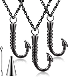 Set of 3 Fishing Hook Urn Necklace for Ashes Black Fish Hook Stainless Steel Cre - Picture 1 of 12