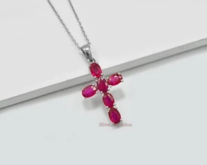 925 Sterling Silver Natural Ruby Gemstone July Birthstone Cross Pendant Necklace - Picture 1 of 10