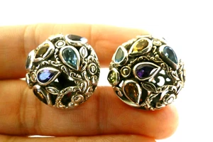 Multi Gemstones Dome Shape Round 925 Sterling Silver Stud Earrings - Picture 1 of 5