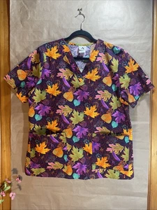 Scrub Top Autumn Leaf Jewel Tone SzM Workwear Medical Cosmetic Professional Care - Picture 1 of 8