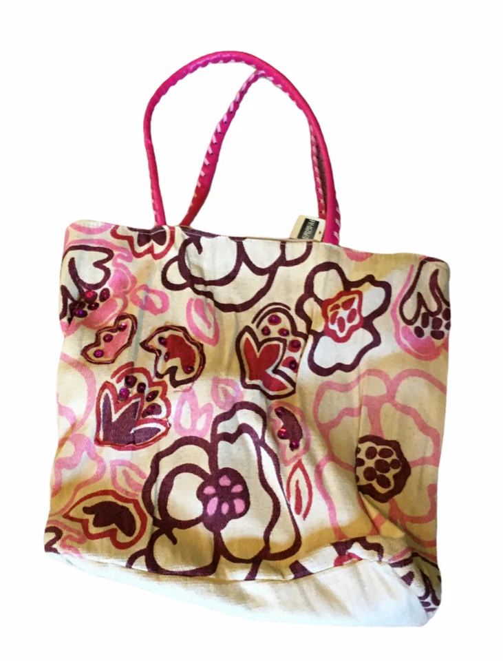 Bolso de Playa Vintage Bijoux Terner Grande Crema Rosa Caliente Lona Con Cuentas Forrado Foto 1 de 4