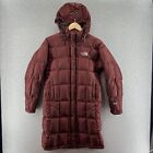 The North Face Womens Jacket Red Brown Small Long Down 600 Puffer Hood Quilted