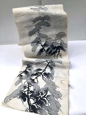 12.7 YARDS VINTAGE JAPANESE HAND SCREENED PRINTED  FABRIC ART FLAX LINEN - Image 1 of 4