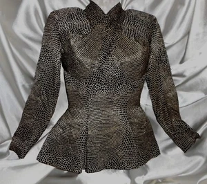 VinTage Couture Vicky Tiel Paris Silk Blouse Peplem Black White XS m/i France - Picture 1 of 9