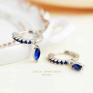 Silver Hoop Earrings with Cubic Zirconia Blue Sapphire Teardrop Dangle Charm - Picture 1 of 4