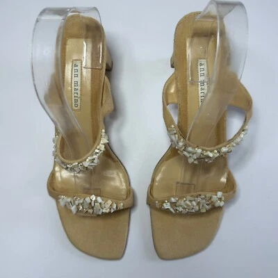 Ann Marino Womens Size 10 M Beaded Shell Heels Shoes Tan Beach Boho Square Toe - Image 1 of 4