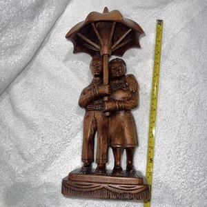 Ethnic Wooden Sculpture of Couple In The Rain with Umbrella by Y VALDEMAR - Picture 1 of 23