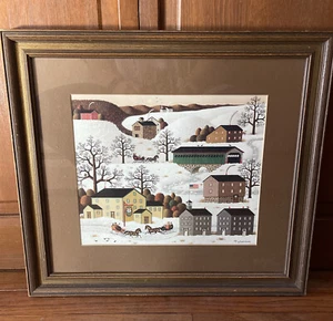 Vintage Charles Wysocki "Fox Creek Inn" Druck mattiert/holzgerahmt Winterszene - Bild 1 von 6